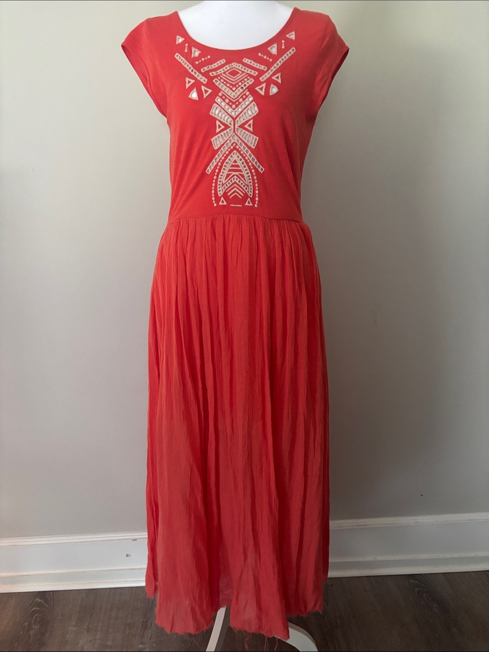 Free People Red Maxi Dress with White Embroidered Bodice